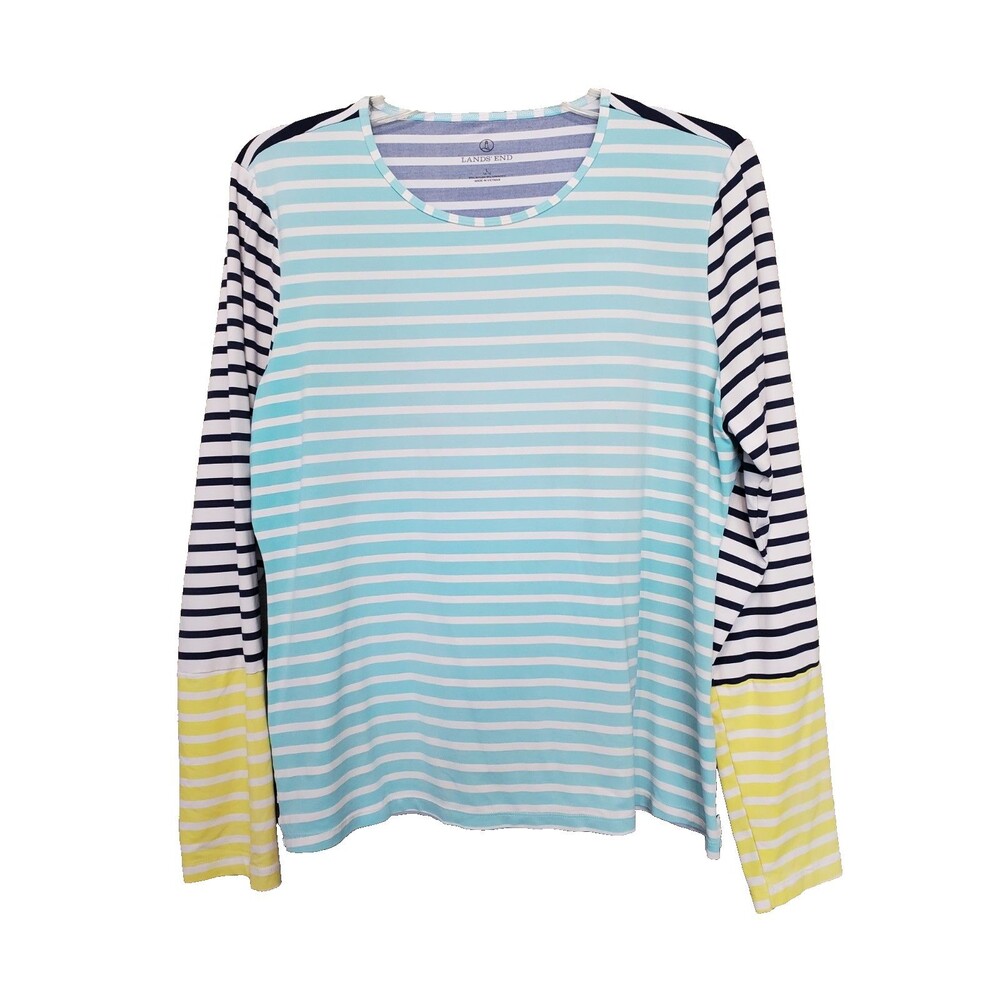 Lands' End Women's Multicolor Stripe Long Sleeve Rash Guard Swim Tee Size Large